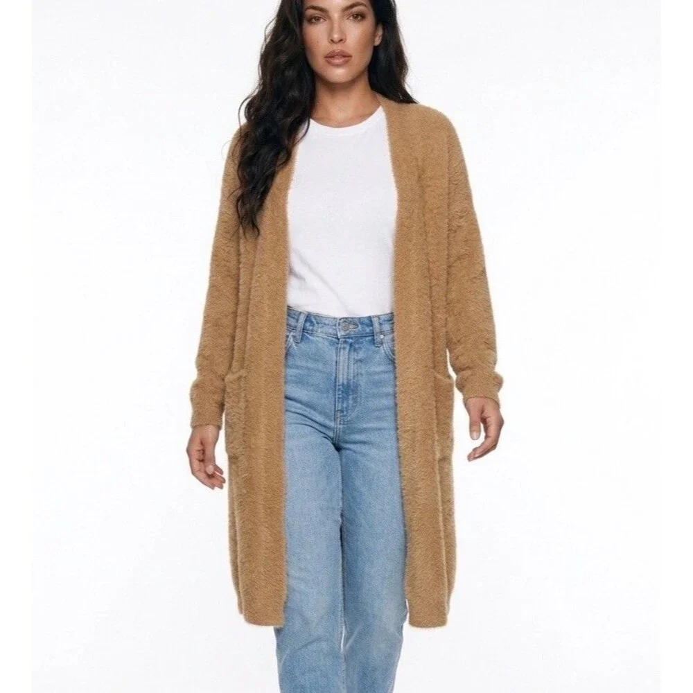 STELEN Fuzzy Knit Long Cardigan Sweater Camel Tan Open Front Slouchy Womens Sz M